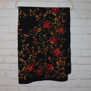 Vintage Silk Square Scarf – Floral Print – Black/Gold